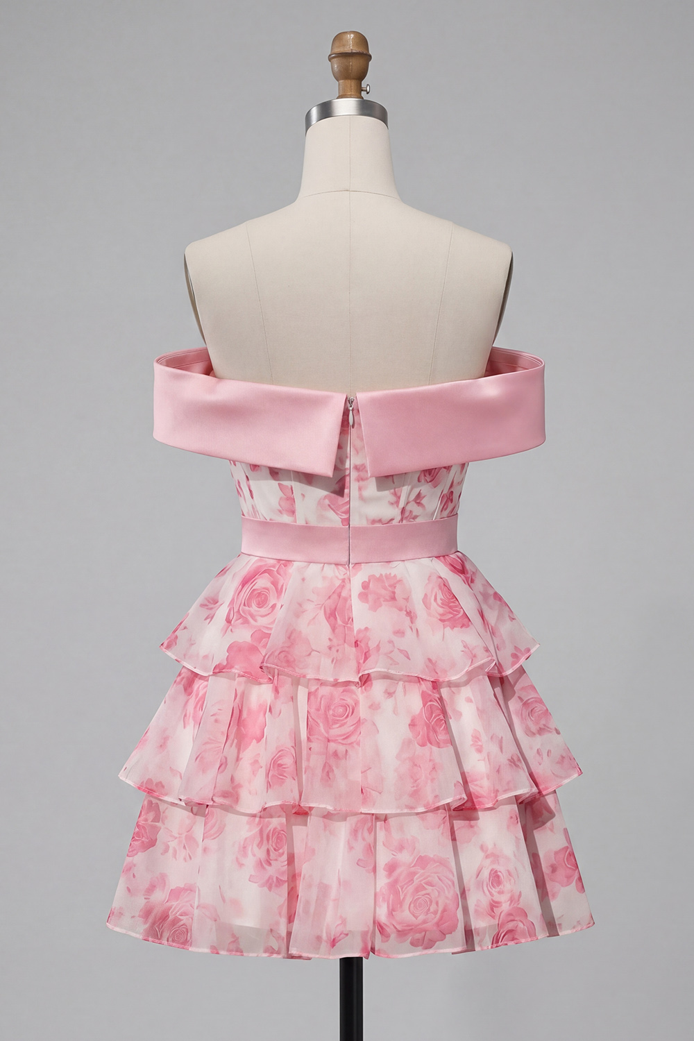 A Line Off The Shoulder Pink Floral Ruffled Short Corset Prom Dress with Bow
