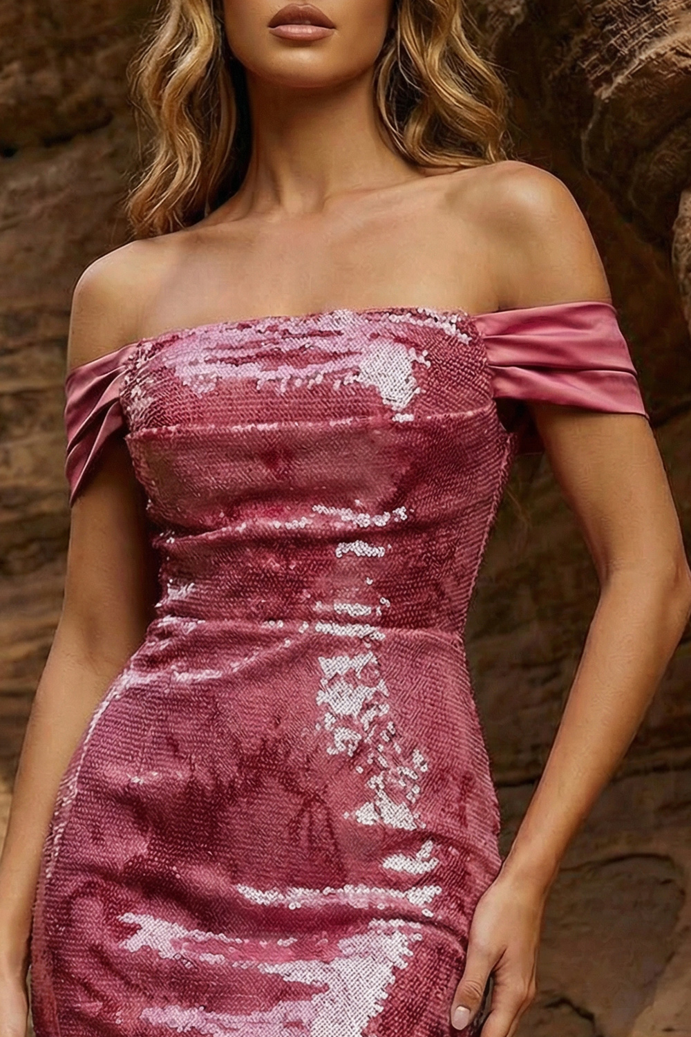 Sparkly Bodycon Off The Shoulder Pink Sequin Short Prom Dress