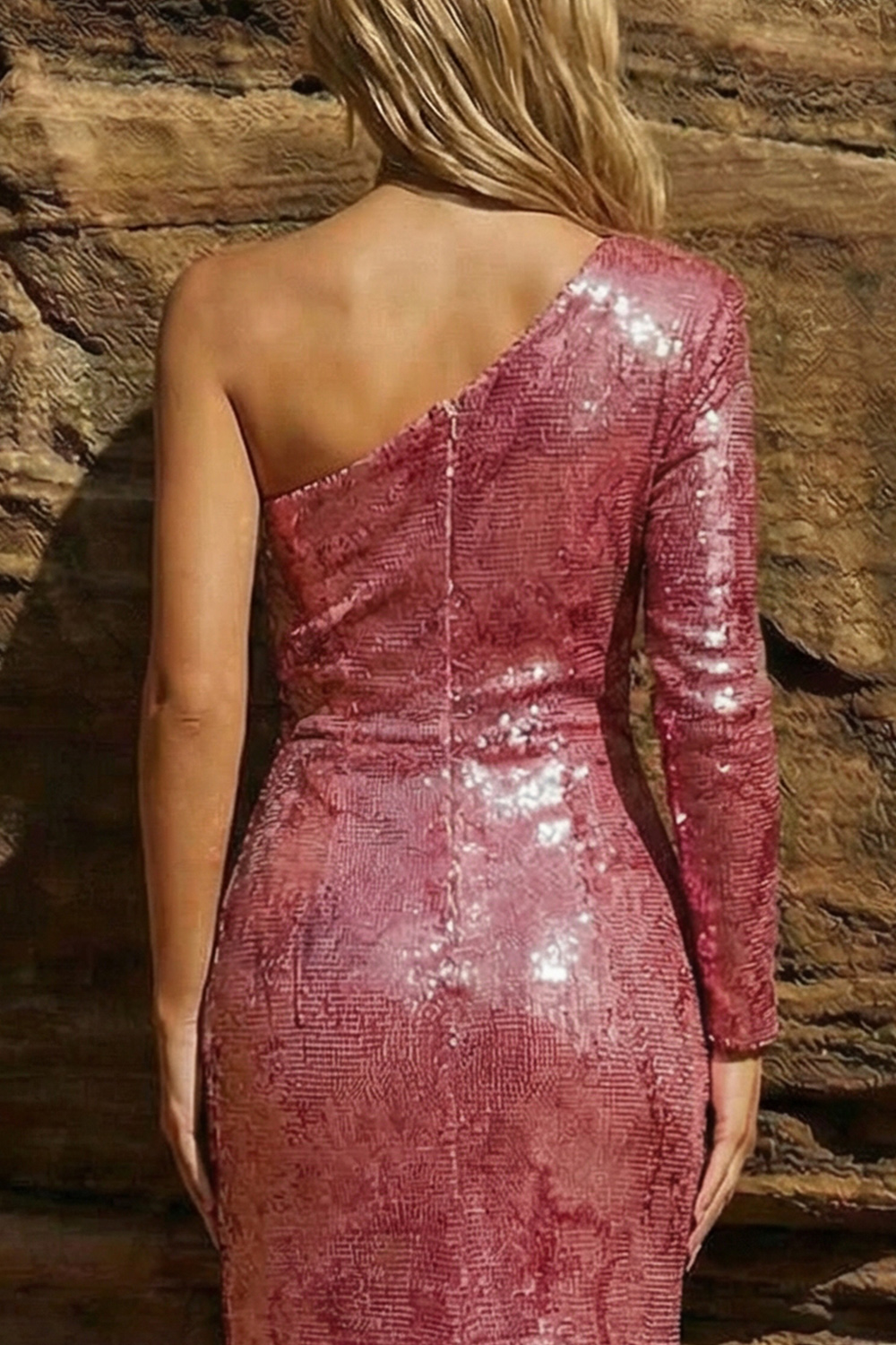 Sparkly One Shoulder Mermaid Pink Sequin Long Prom Dress with Sleeves