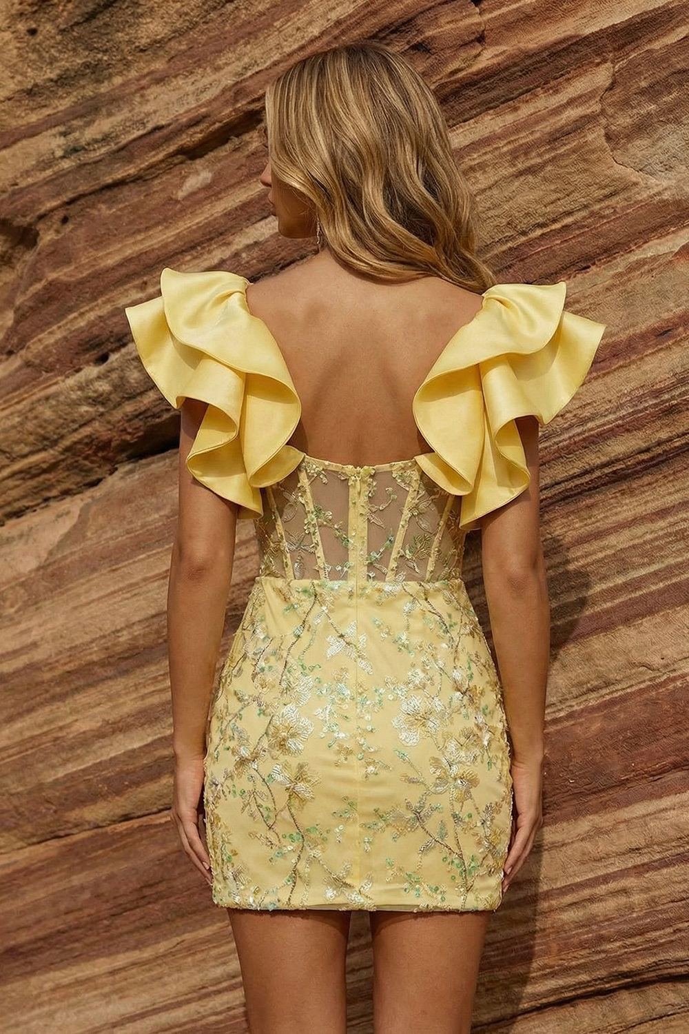 Sparkly Bodycon Sequin Yellow Lace Ruffle Sleeves Short Corset Prom Dress