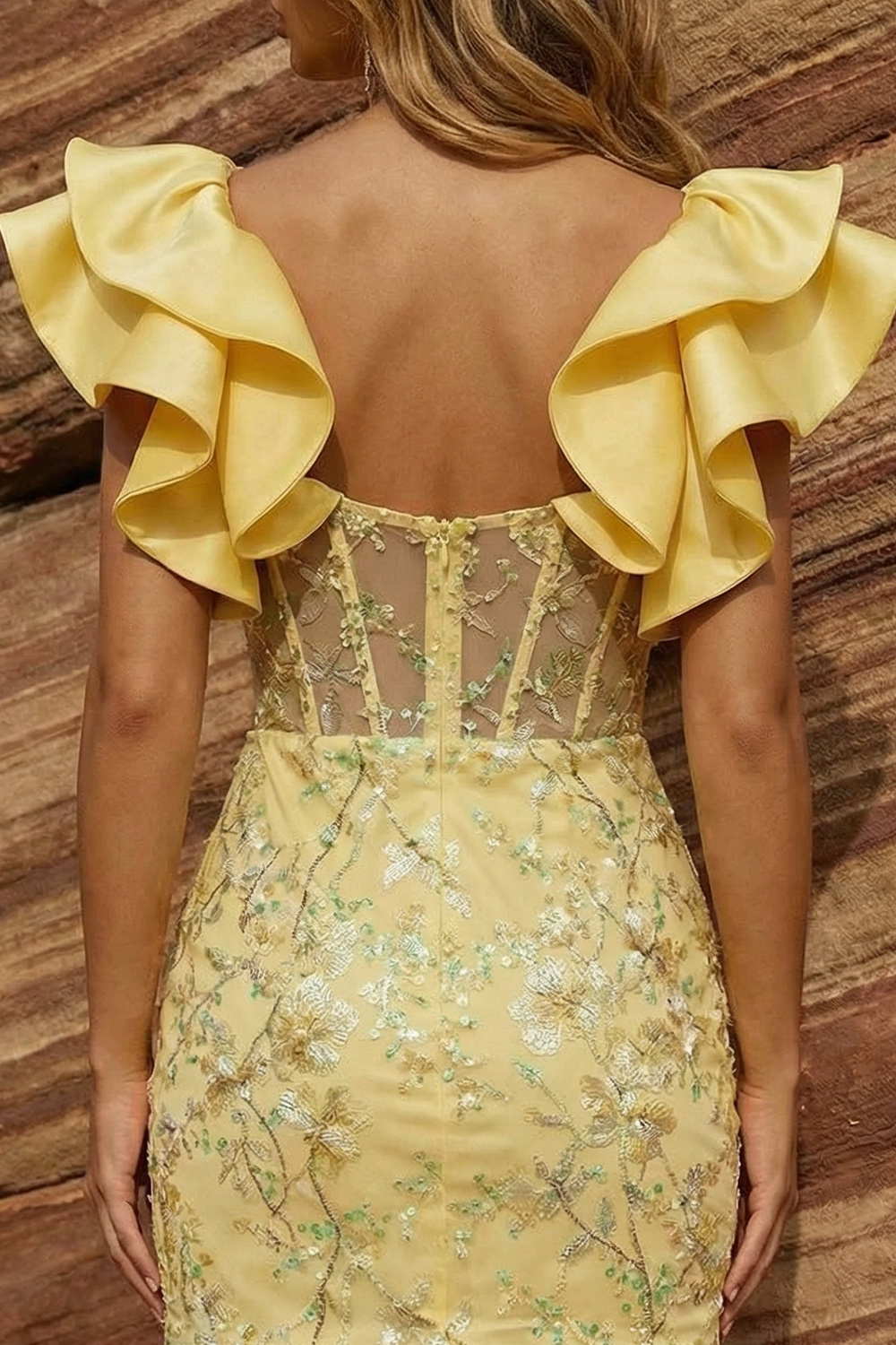Sparkly Bodycon Sequin Yellow Lace Ruffle Sleeves Short Corset Prom Dress