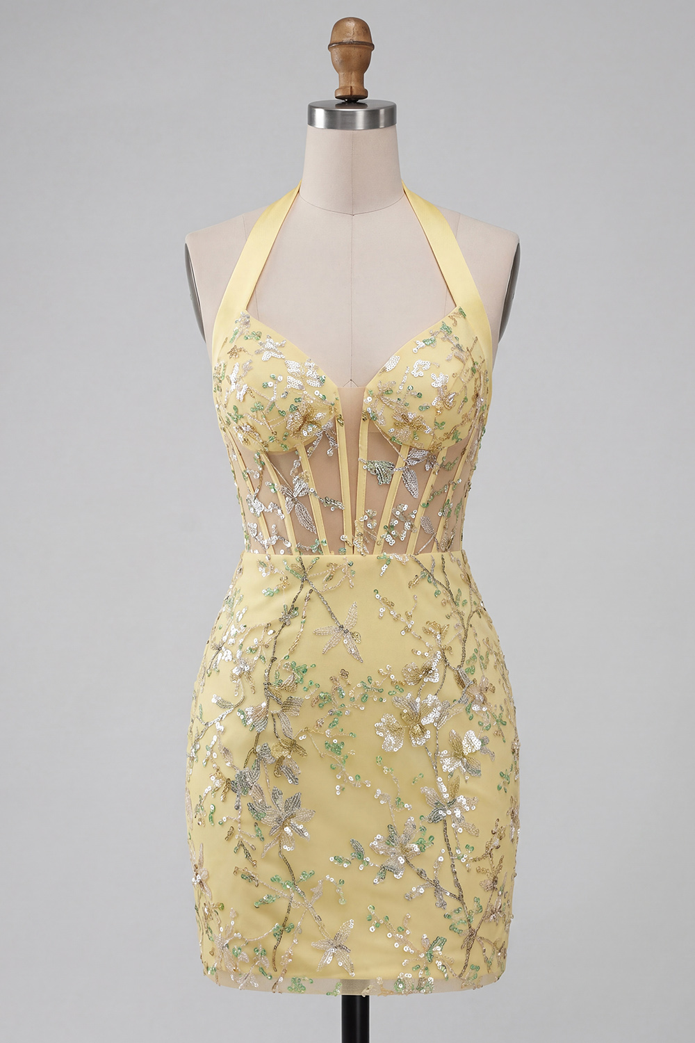 Sparkly Halter Bodycon Yellow Lace Sequin Short Corset Prom Dress