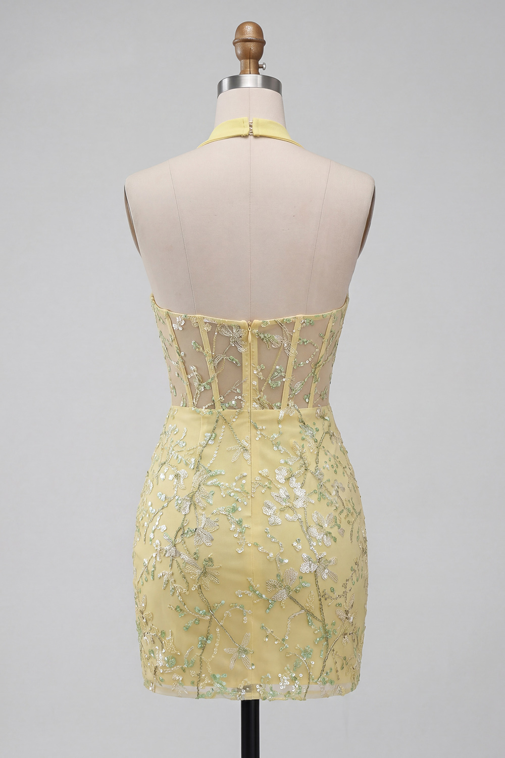Sparkly Halter Bodycon Yellow Lace Sequin Short Corset Prom Dress