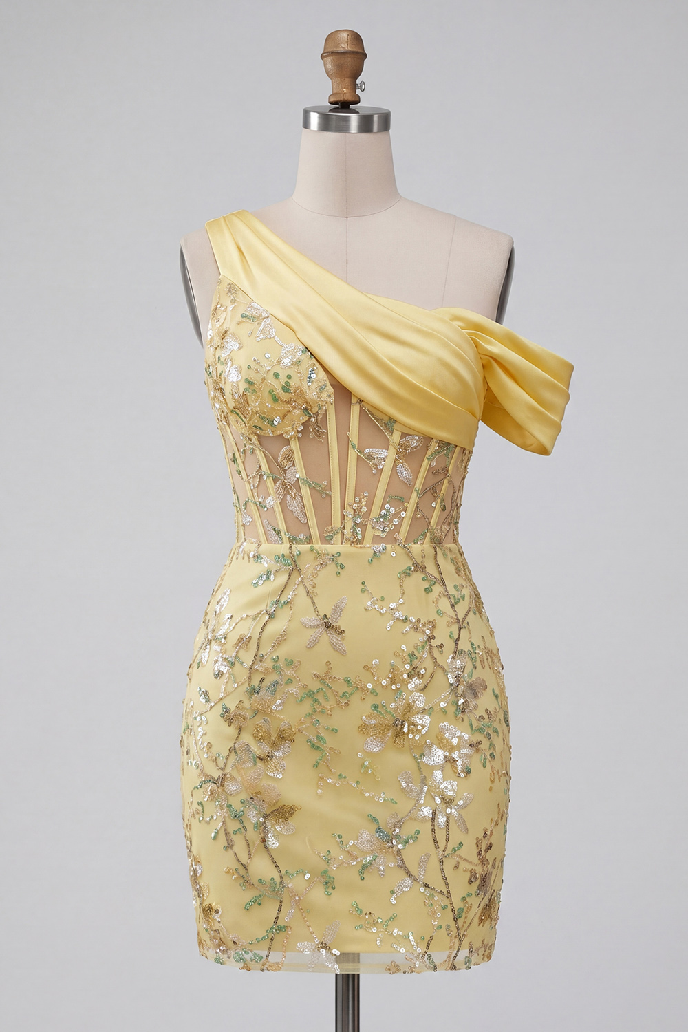 Sparkly One Shoulder Bodycon Yellow Lace Sequin Short Corset Prom Dress