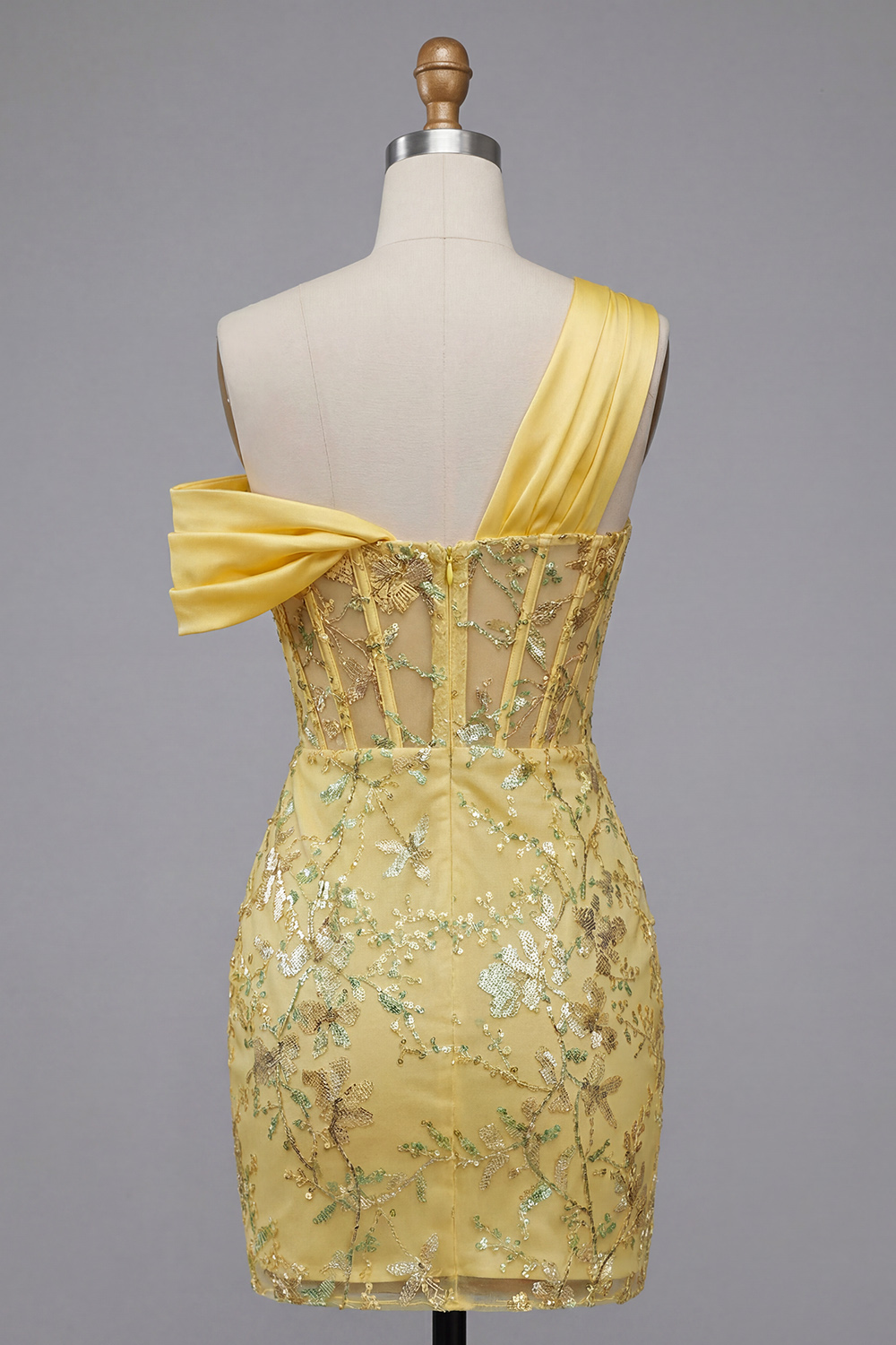 Sparkly One Shoulder Bodycon Yellow Lace Sequin Short Corset Prom Dress