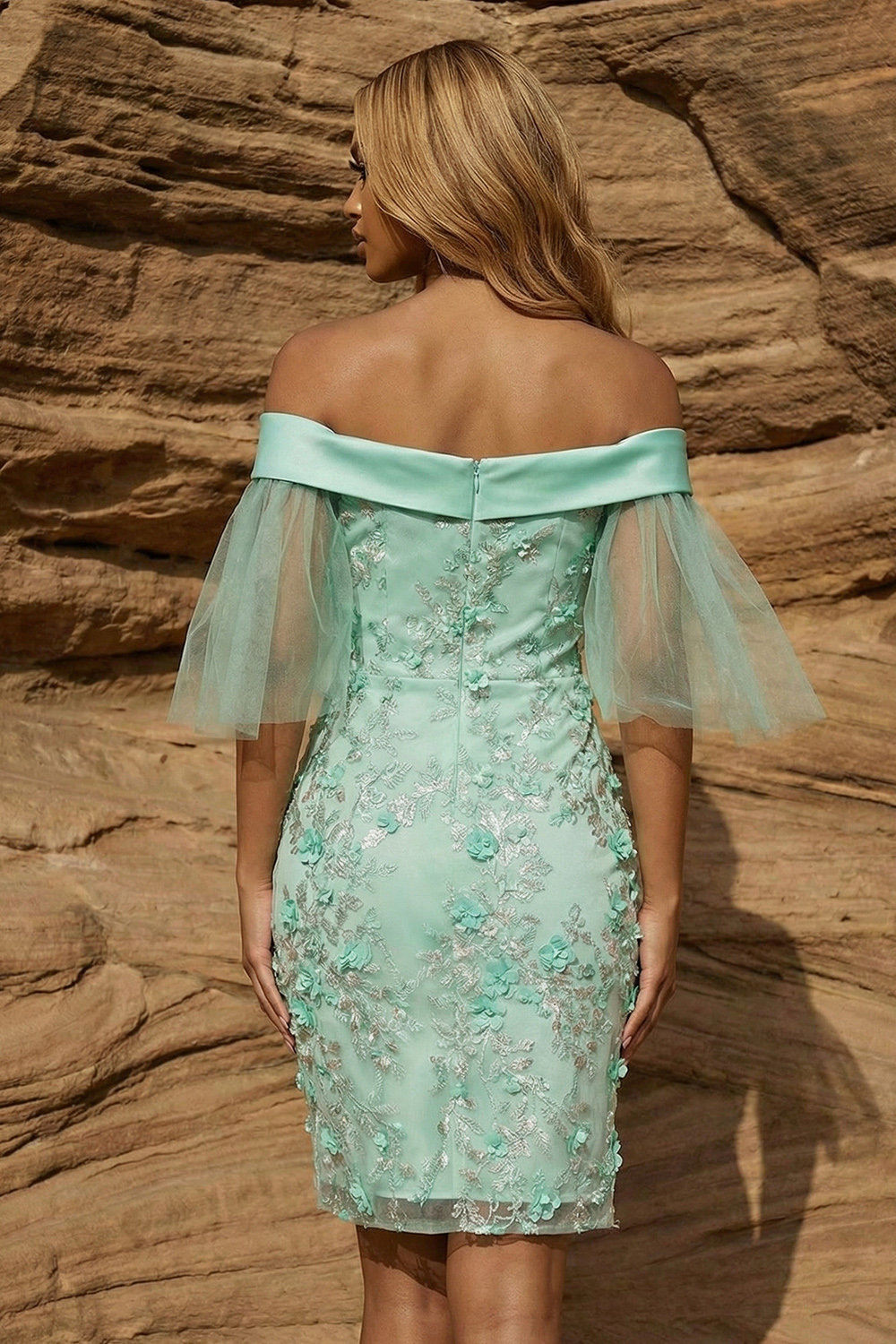 Sparkly Bodycon Off The Shoulder Green Floral Sequin Short Prom Dress with Sleeves
