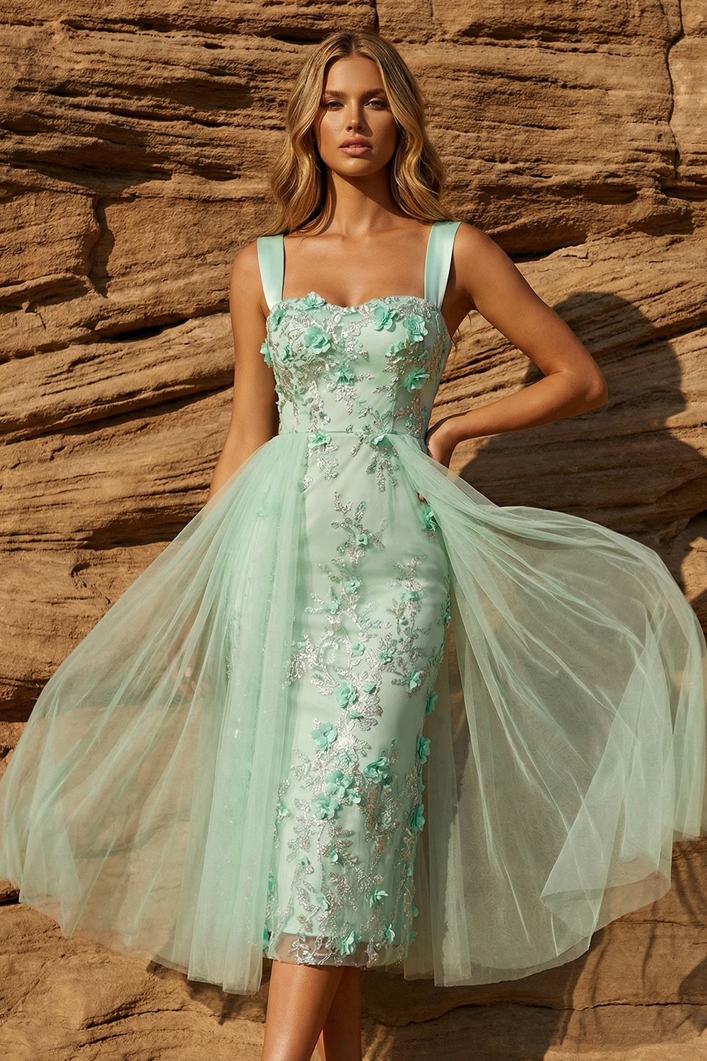 Sparkly Bodycon Thick Straps Green Floral Sequin Midi Prom Dress with Cape
