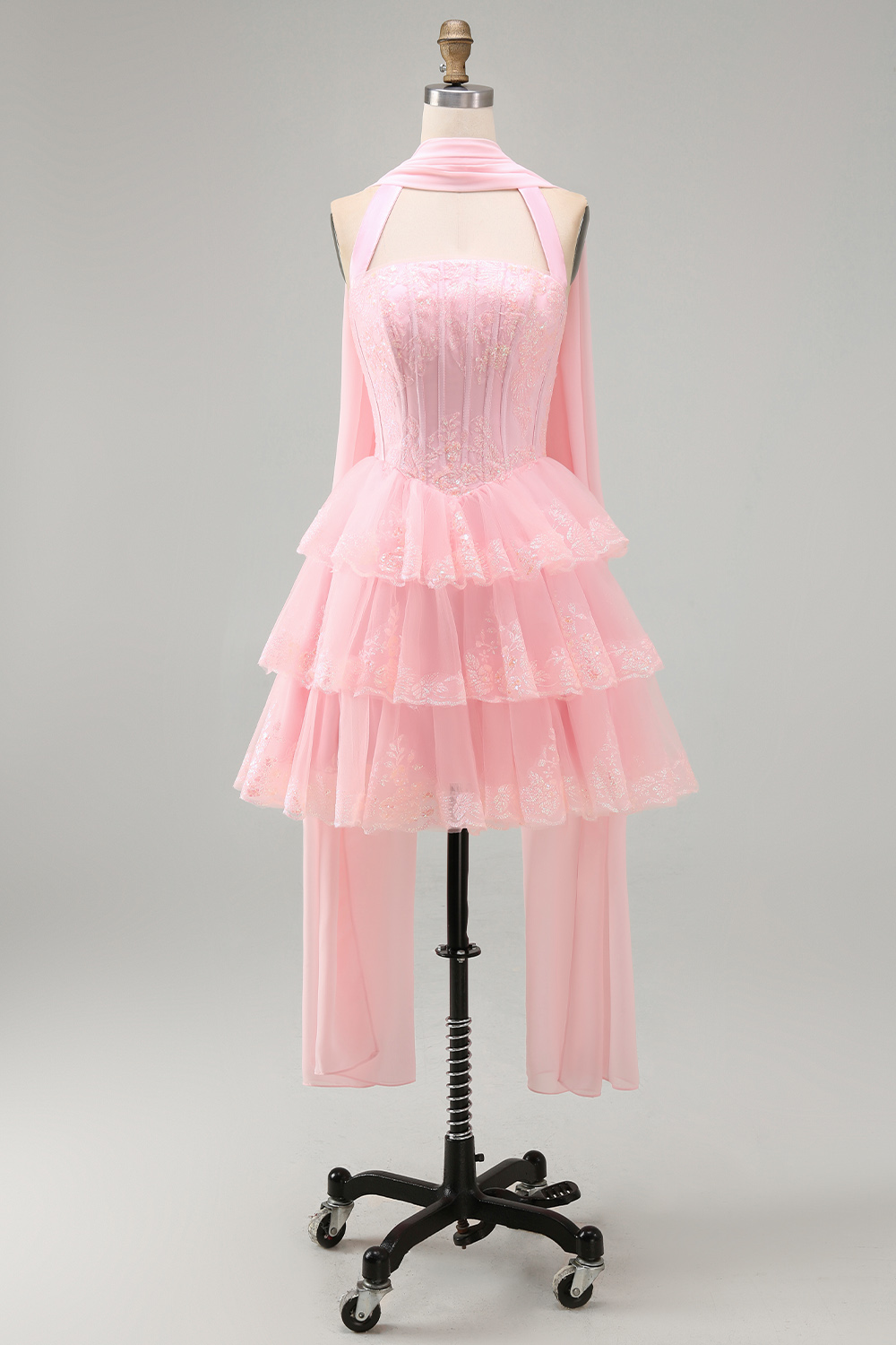 Halter Neck Scarf A Line Pink Lace Tiered Short Corset Prom Dress