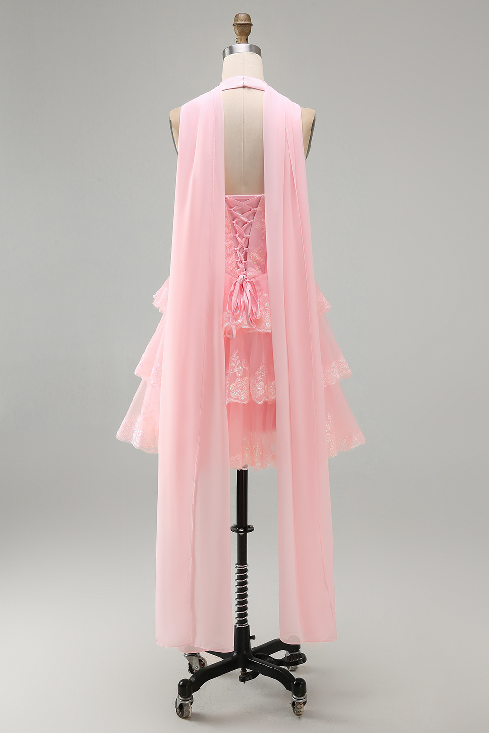 Halter Neck Scarf A Line Pink Lace Tiered Short Corset Prom Dress