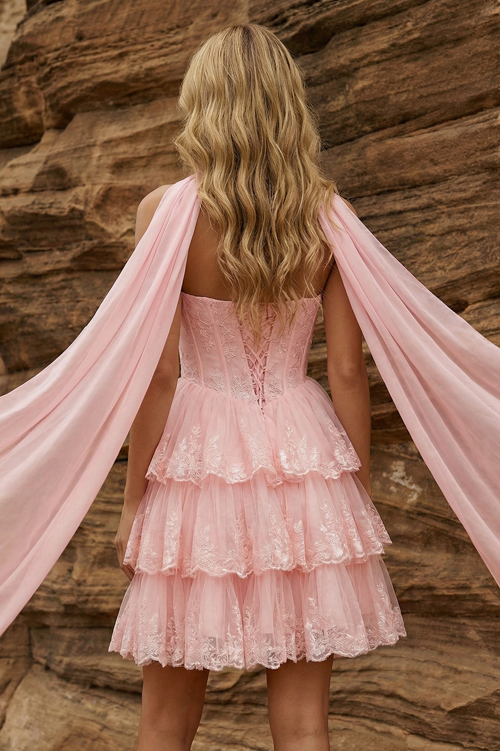 Halter Neck Scarf A Line Pink Lace Tiered Short Corset Prom Dress