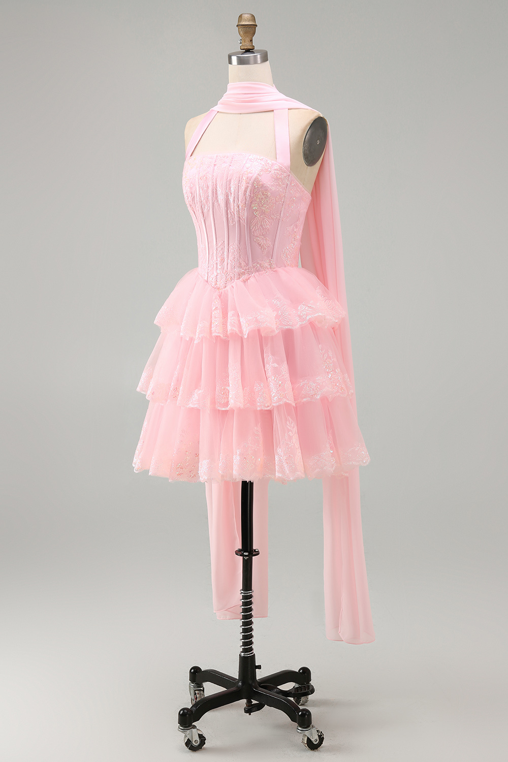 Halter Neck Scarf A Line Pink Lace Tiered Short Corset Prom Dress