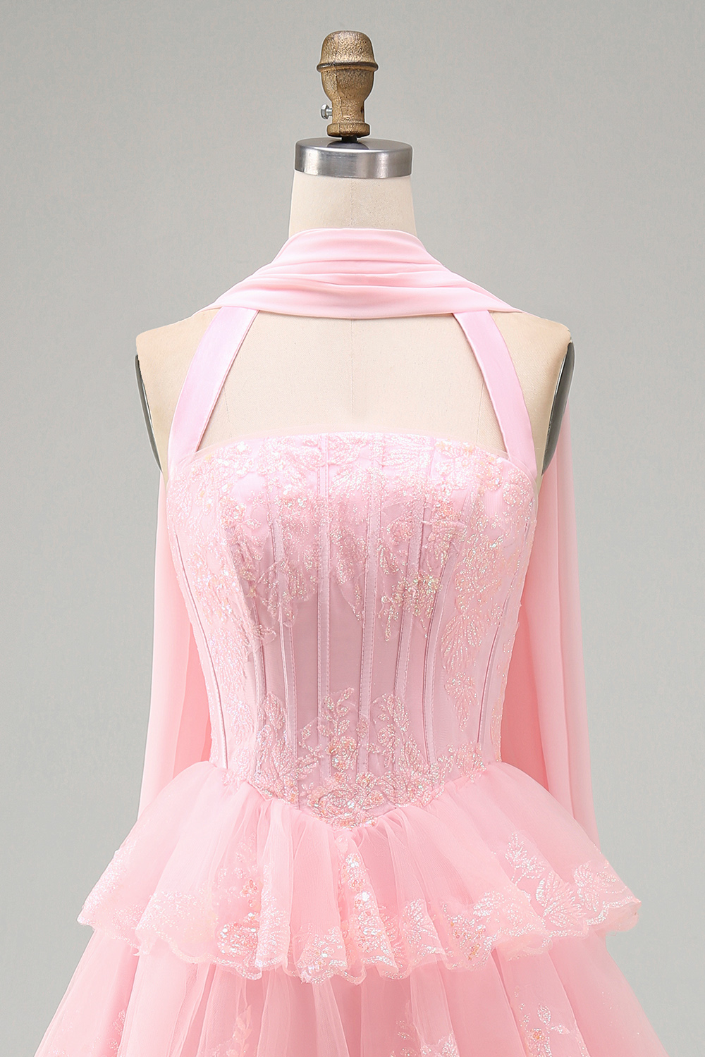 Halter Neck Scarf A Line Pink Lace Tiered Short Corset Prom Dress