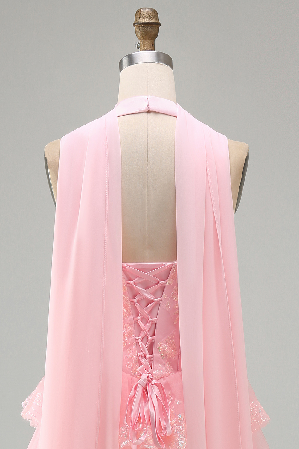 Halter Neck Scarf A Line Pink Lace Tiered Short Corset Prom Dress