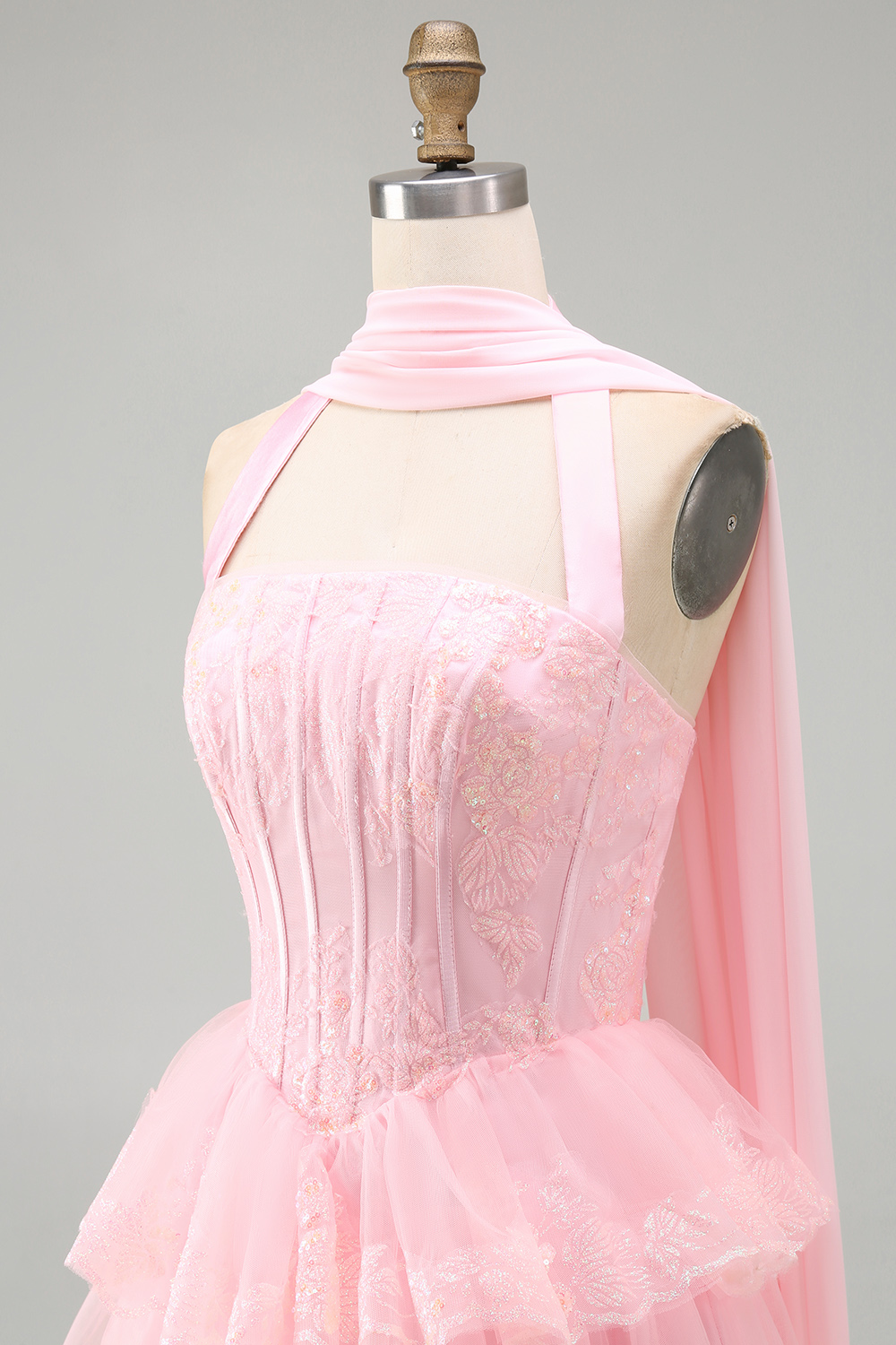 Halter Neck Scarf A Line Pink Lace Tiered Short Corset Prom Dress