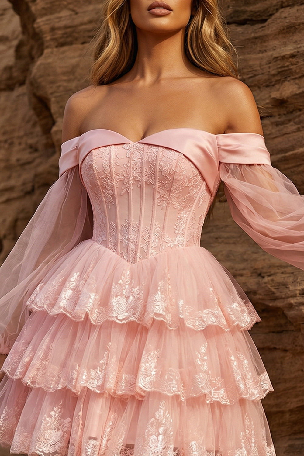 Off The Shoulder A Line Pink Lace Tiered Short Corset Prom Dress with Sleeves
