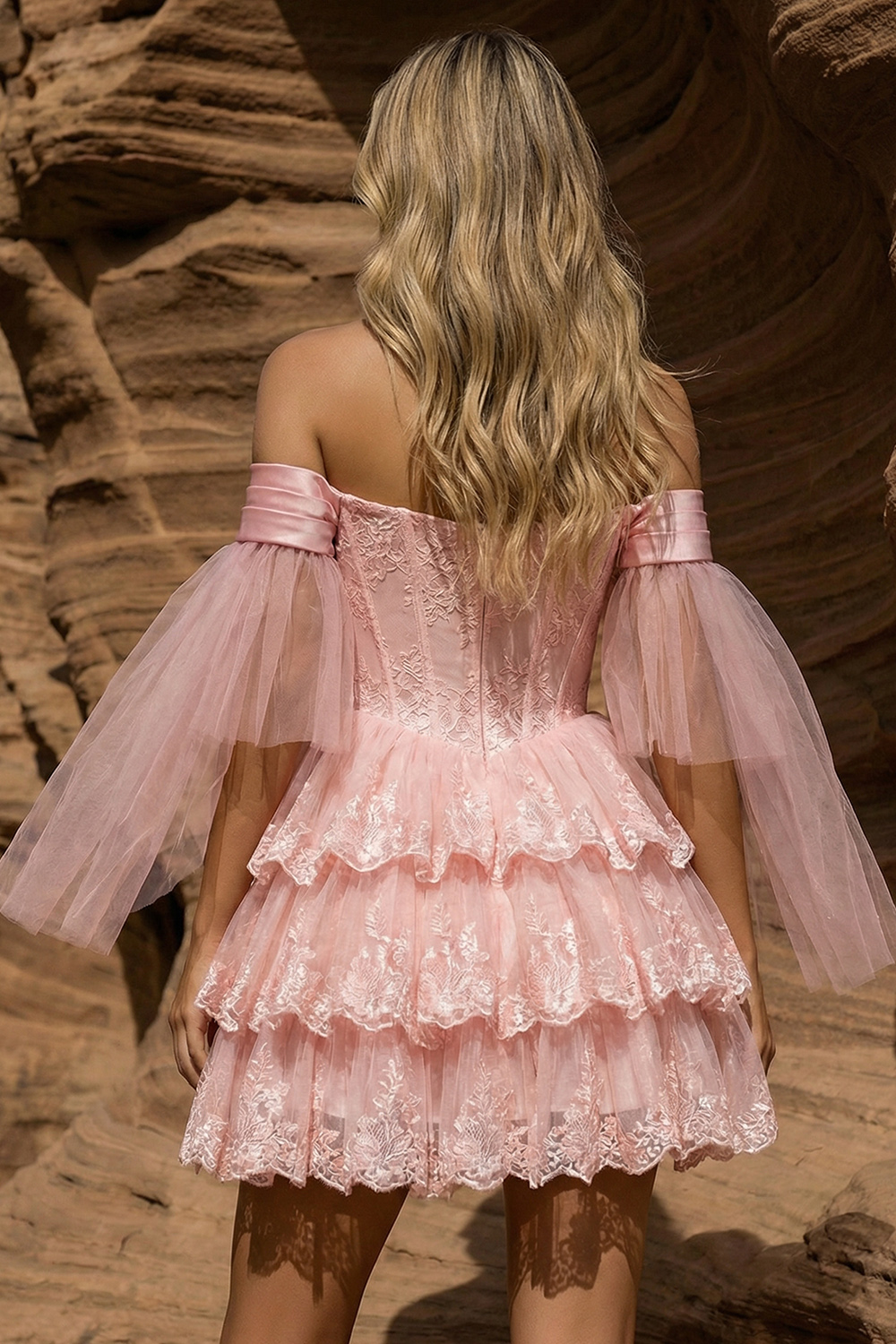 Tiered A Line Off The Shoulder Pink Lace Short Corset Prom Dress with Sleeves