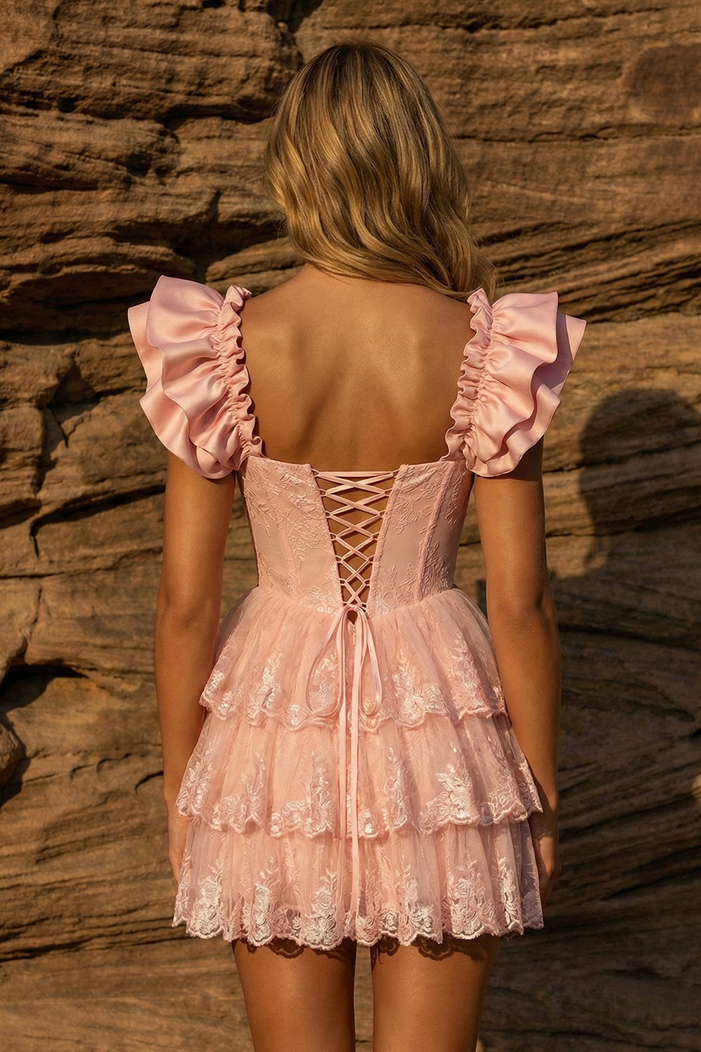 Tiered A Line Pink Lace Ruffle Sleeves Short Corset Prom Dress