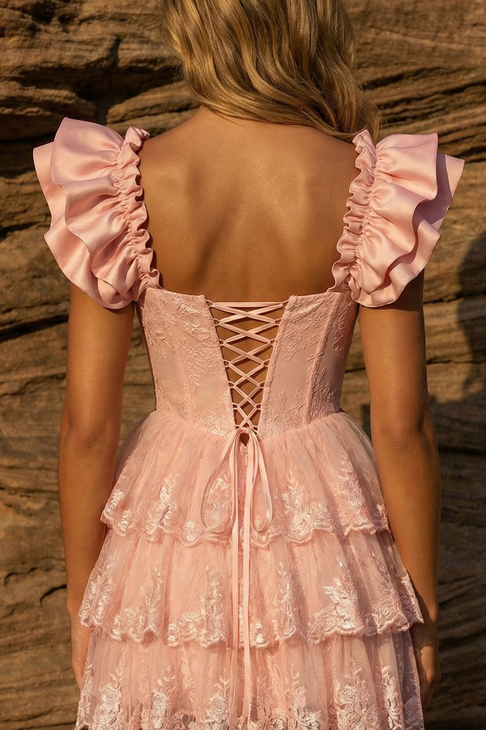 Tiered A Line Pink Lace Ruffle Sleeves Short Corset Prom Dress