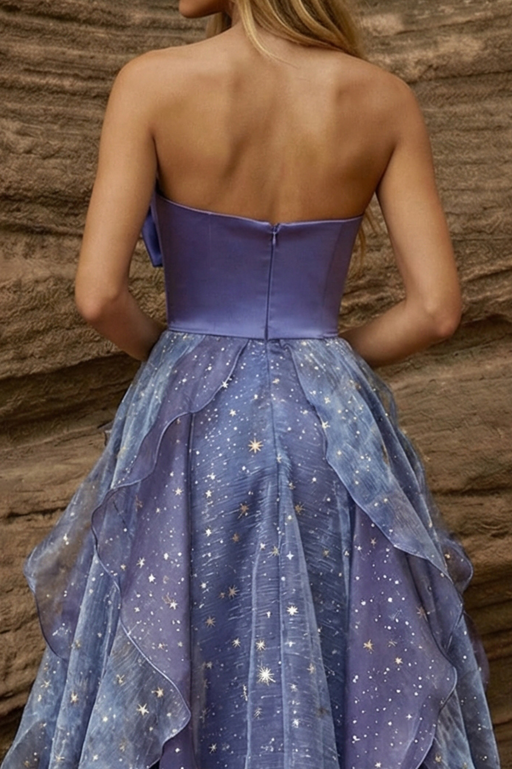 Glitter Dusty Blue Printed Strapless A Line Ruffled High-Low Prom Dress with Bow