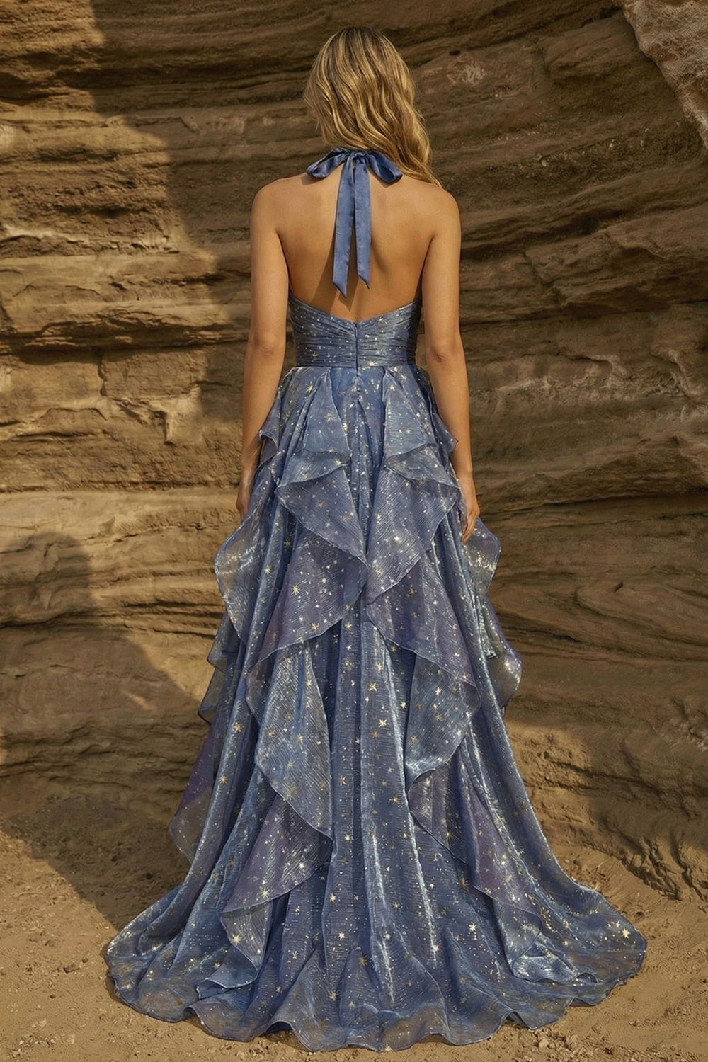 Glitter Dusty Blue Printed Halter A Line Ruffled High-Low Prom Dress