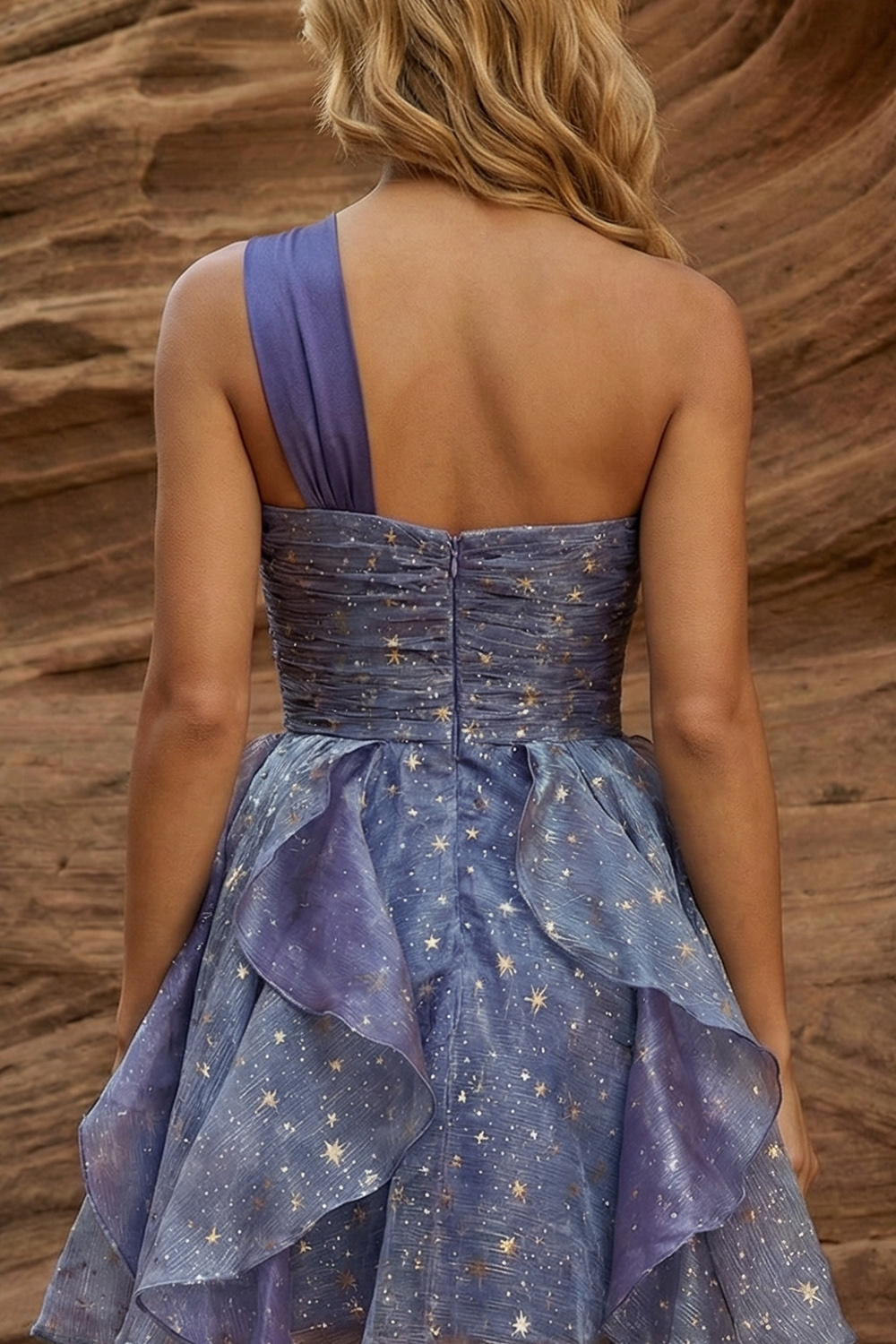 Glitter Dusty Blue A Line One Shoulder Ruffled Short Prom Dress with Bow
