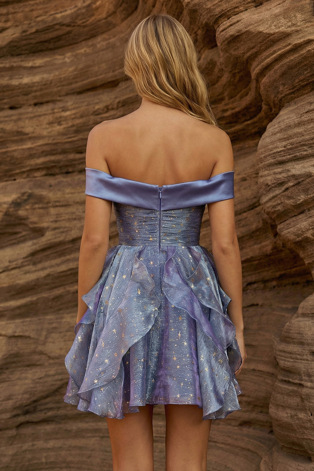 A Line Off The Shoulder Glitter Dusty Blue Ruffled Short Prom Dress with Bow