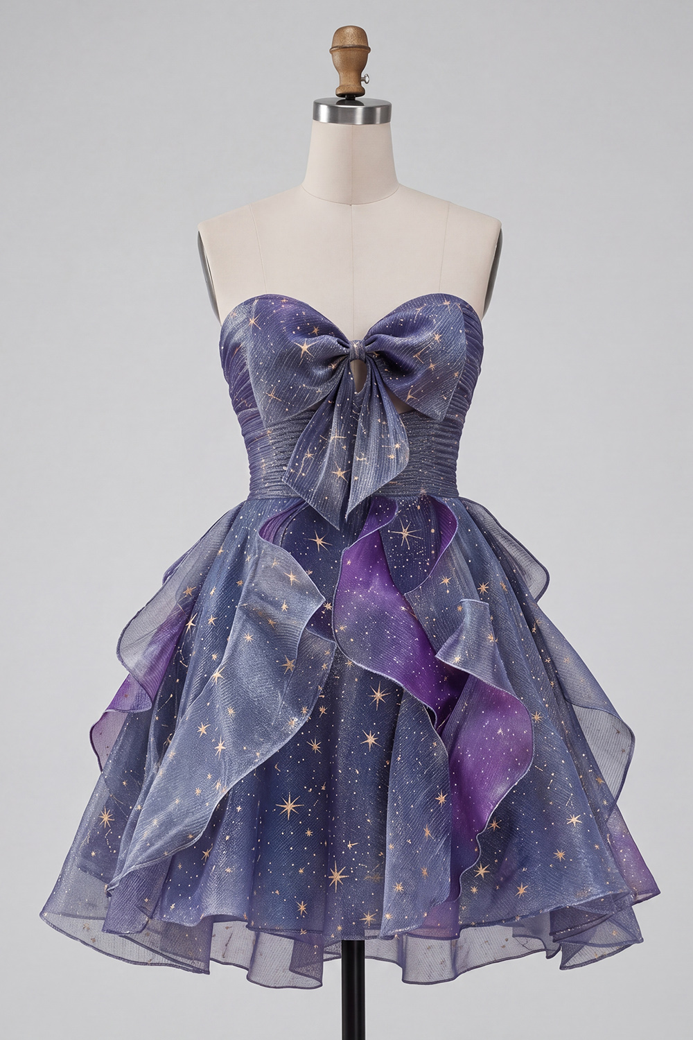 Glitter Dusty Blue Sweetheart A Line Ruffled Short Prom Dress with Bow