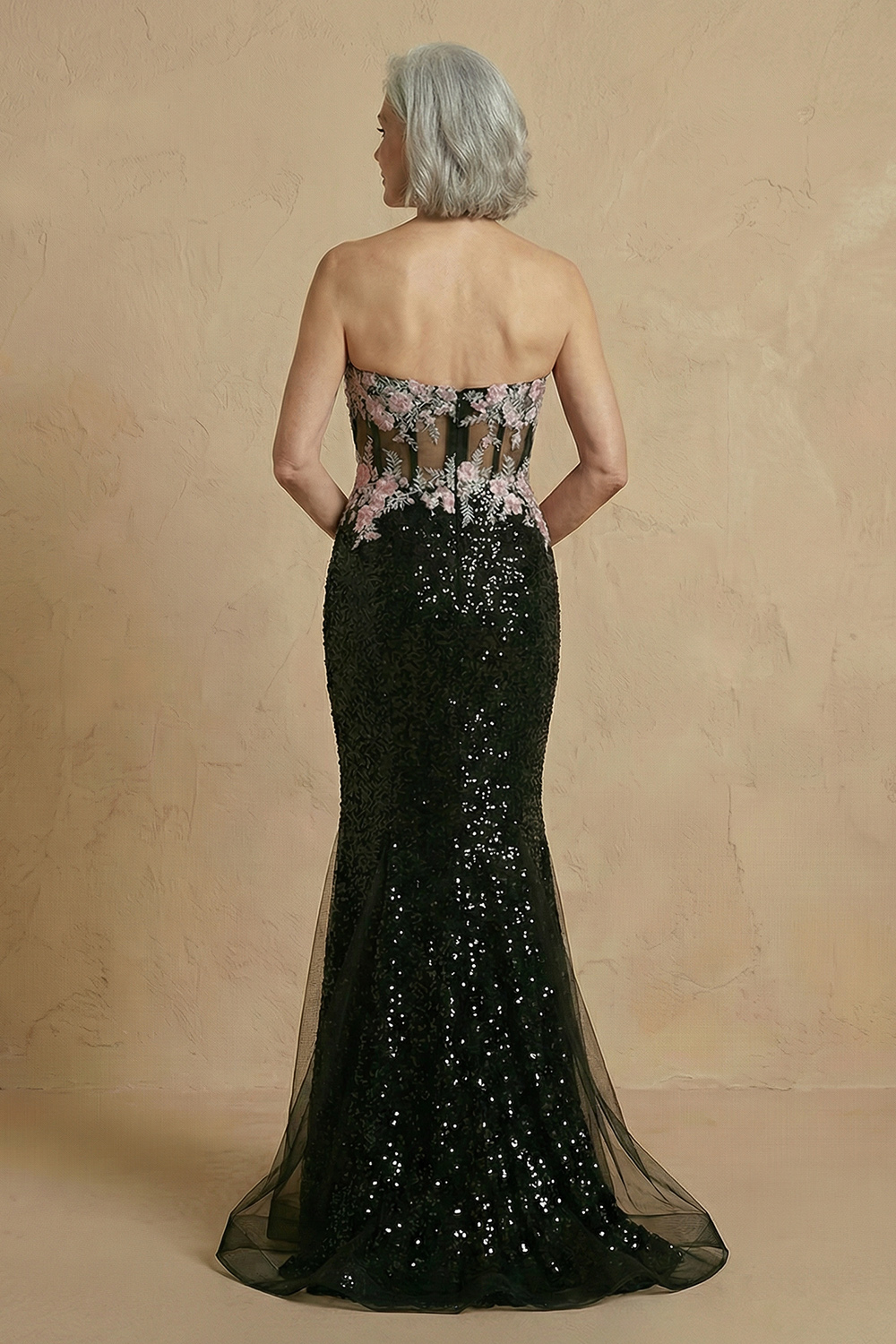 Sparkly Black Floral Sequin Corset Mermaid Long Mother of the Bride Dress