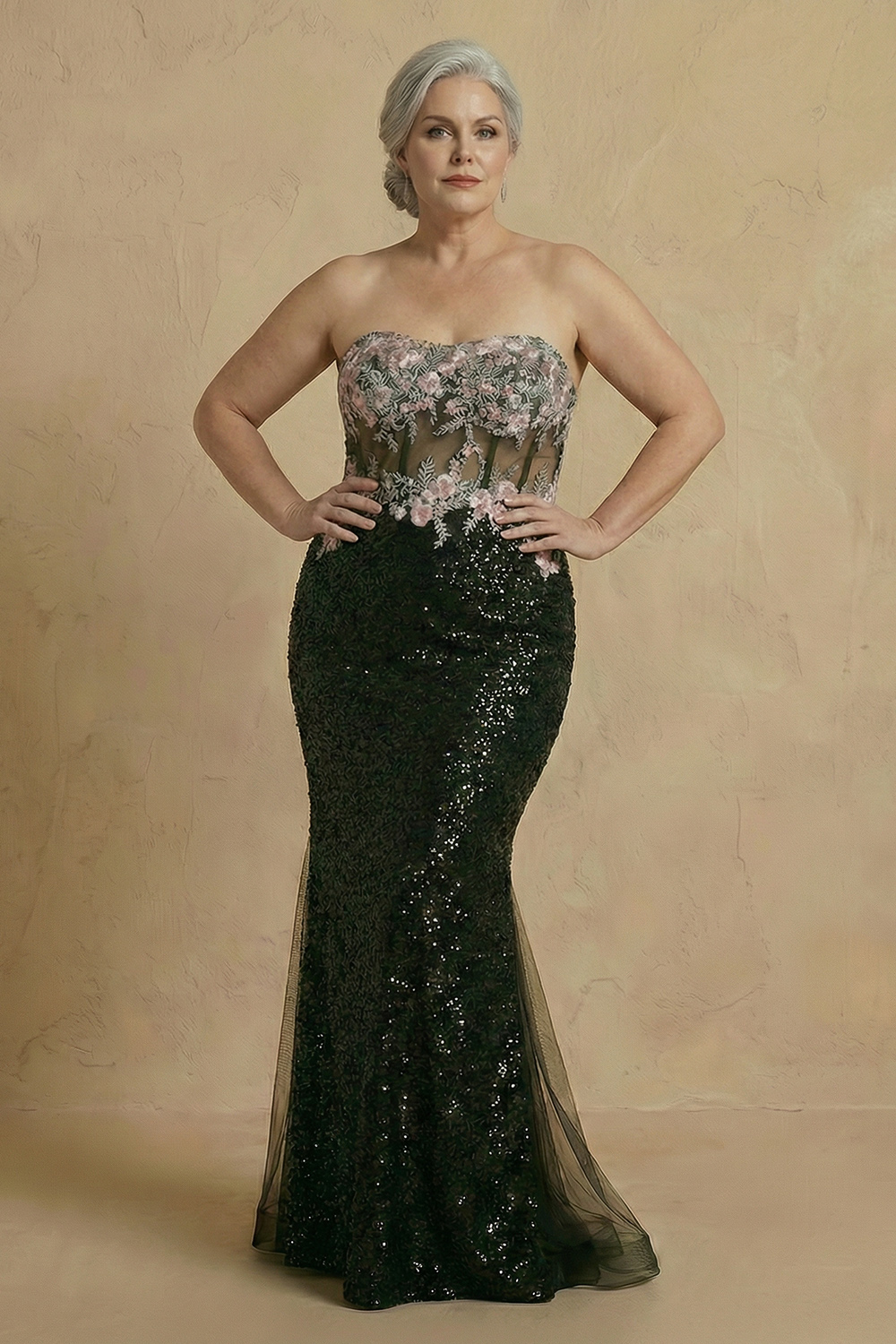 Sparkly Black Floral Sequin Corset Mermaid Long Mother of the Bride Dress