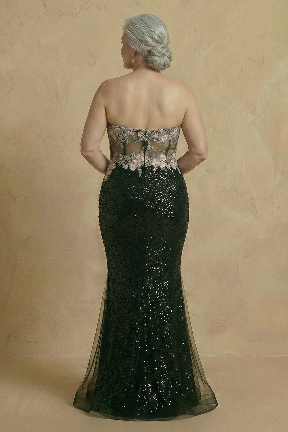 Sparkly Black Floral Sequin Corset Mermaid Long Mother of the Bride Dress