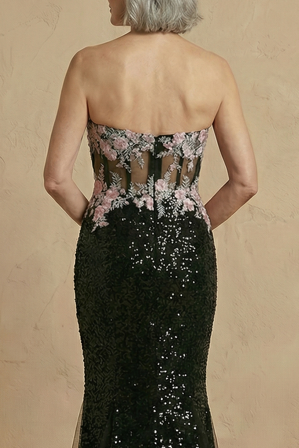 Sparkly Black Floral Sequin Corset Mermaid Long Mother of the Bride Dress