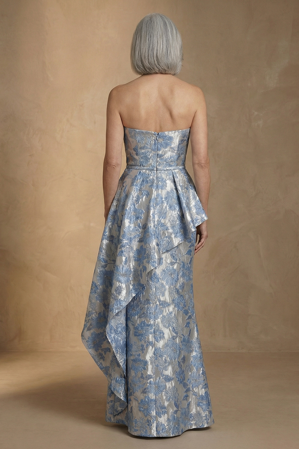 Light Blue Jacquard Floral Strapless Mermaid Long Mother of the Bride Dress