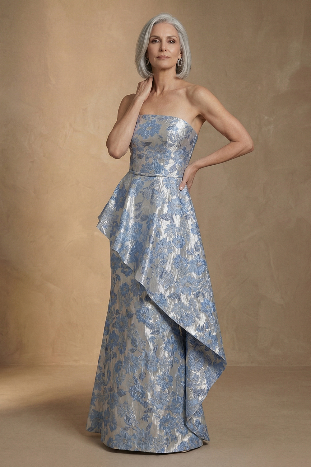 Light Blue Jacquard Floral Strapless Mermaid Long Mother of the Bride Dress