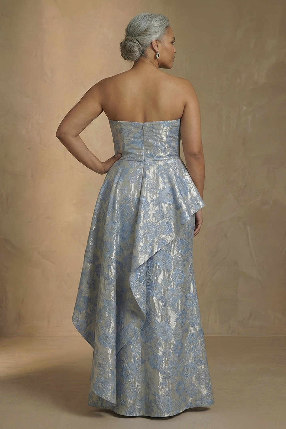 Light Blue Jacquard Floral Strapless Mermaid Long Mother of the Bride Dress