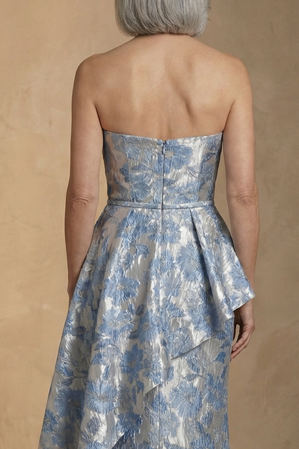 Light Blue Jacquard Floral Strapless Mermaid Long Mother of the Bride Dress