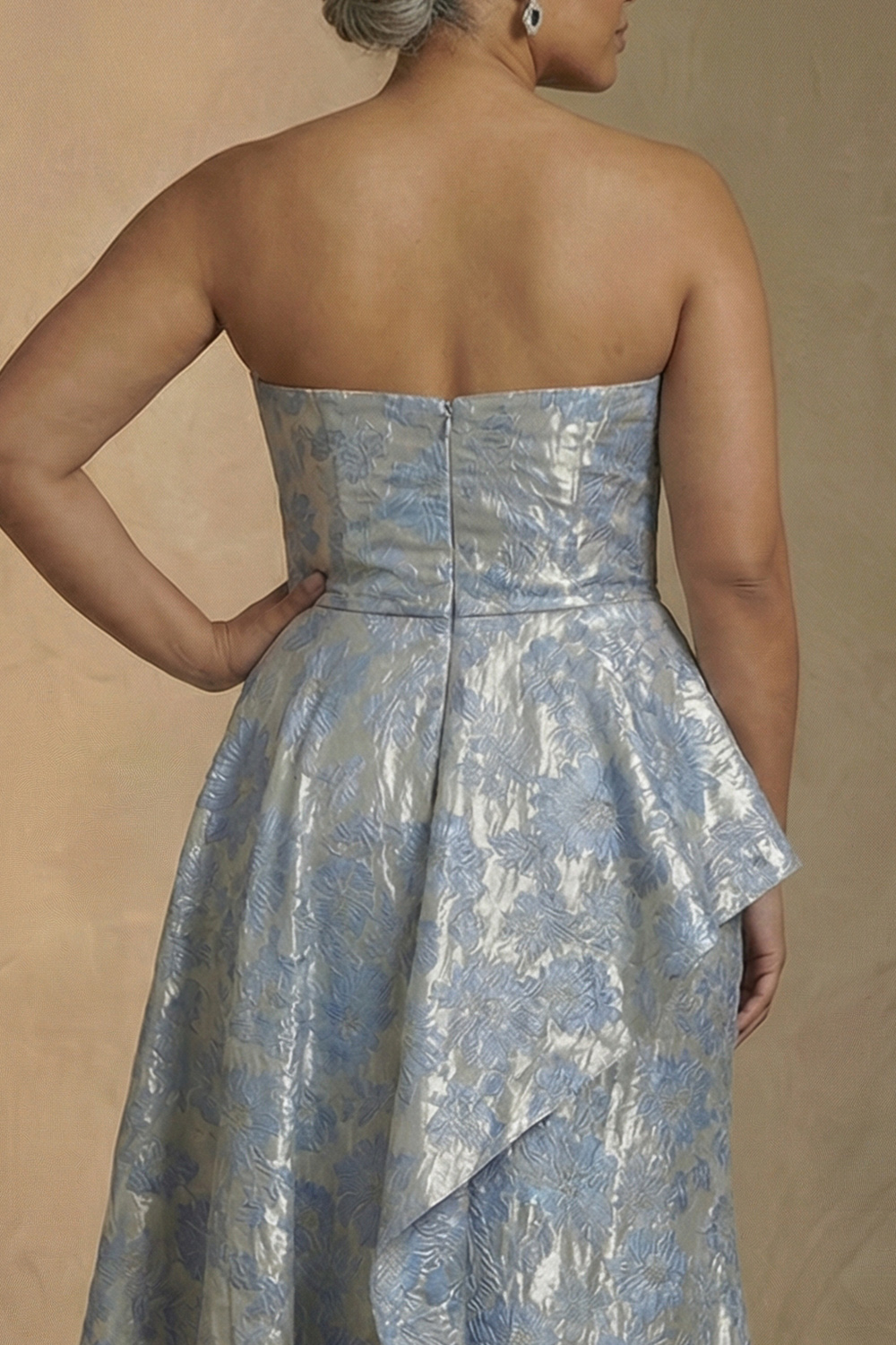 Light Blue Jacquard Floral Strapless Mermaid Long Mother of the Bride Dress