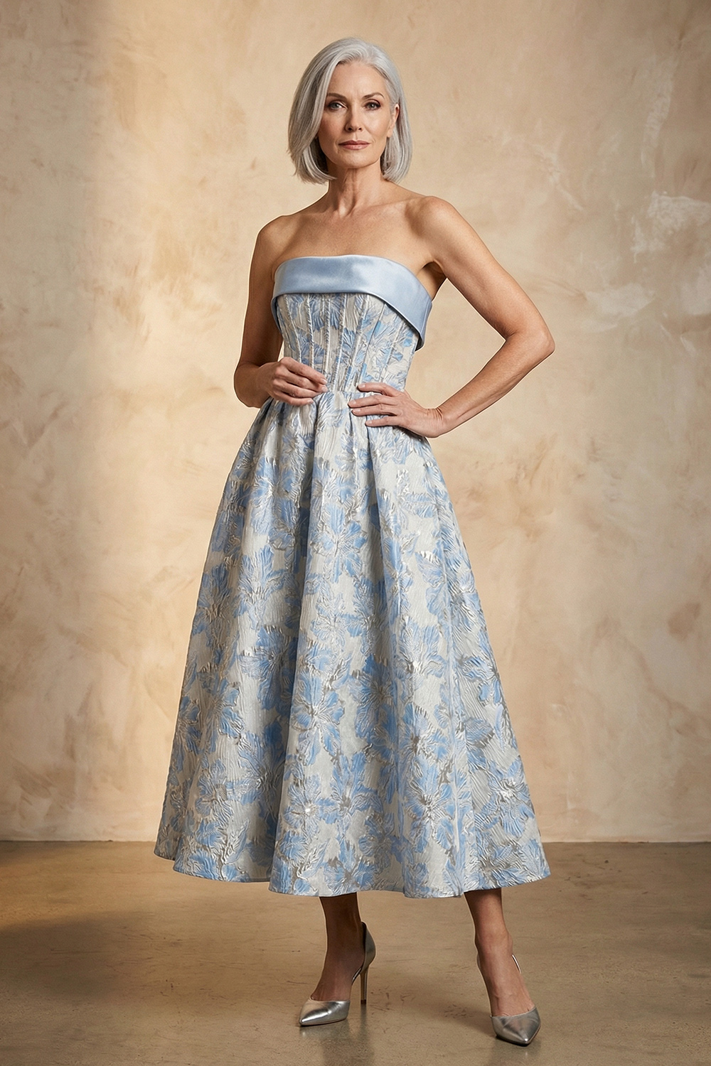 Light Blue Jacquard Corset Strapless A Line Ankle-Length Mother of the Bride Dress