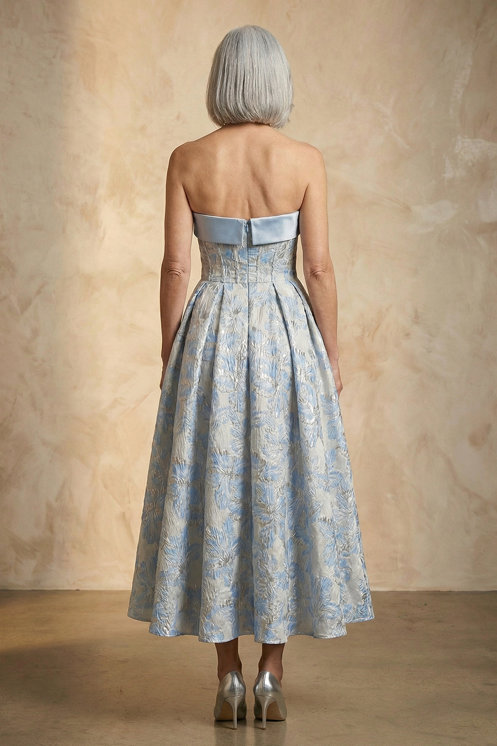 Light Blue Jacquard Corset Strapless A Line Ankle-Length Mother of the Bride Dress