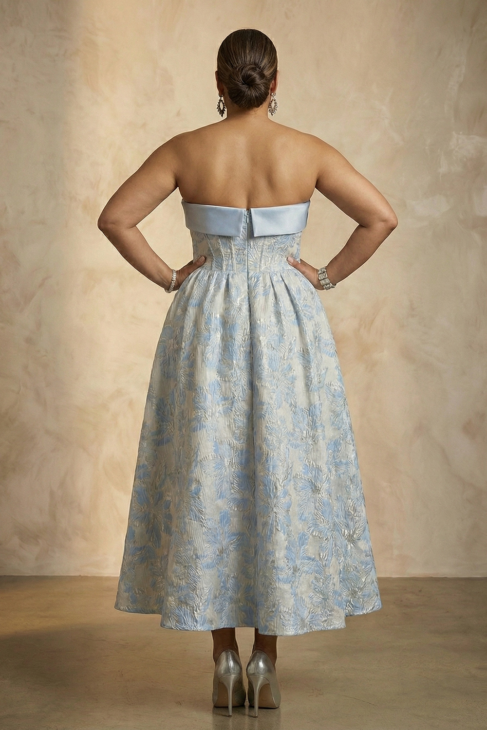 Light Blue Jacquard Corset Strapless A Line Ankle-Length Mother of the Bride Dress