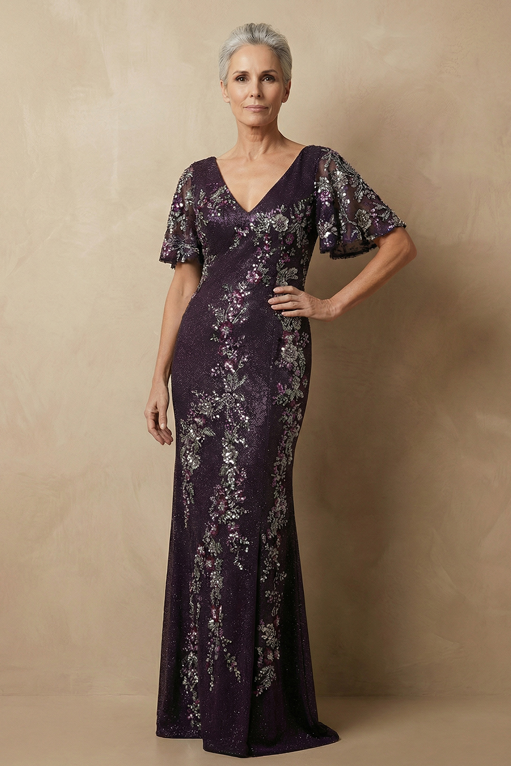 Sparkly Floral Grape Sequin Mermaid Long Mother of the Bride Dress with Sleeves