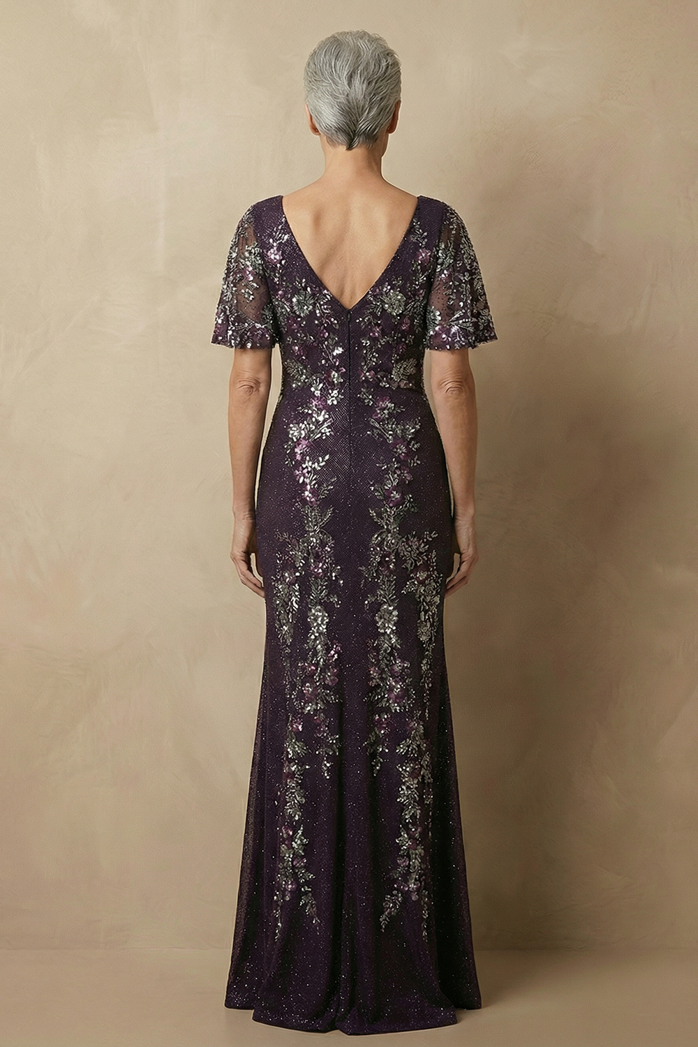 Sparkly Floral Grape Sequin Mermaid Long Mother of the Bride Dress with Sleeves