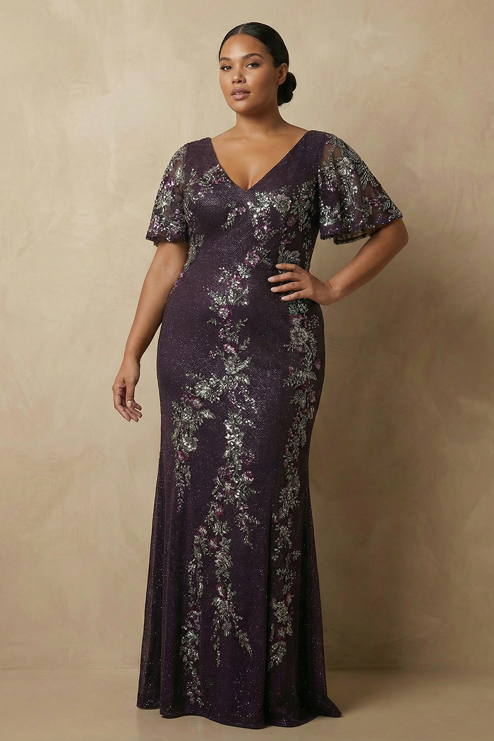 Sparkly Floral Grape Sequin Mermaid Long Mother of the Bride Dress with Sleeves