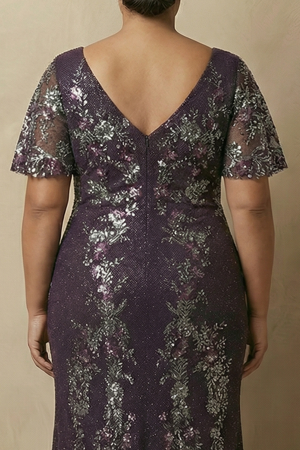 Sparkly Floral Grape Sequin Mermaid Long Mother of the Bride Dress with Sleeves