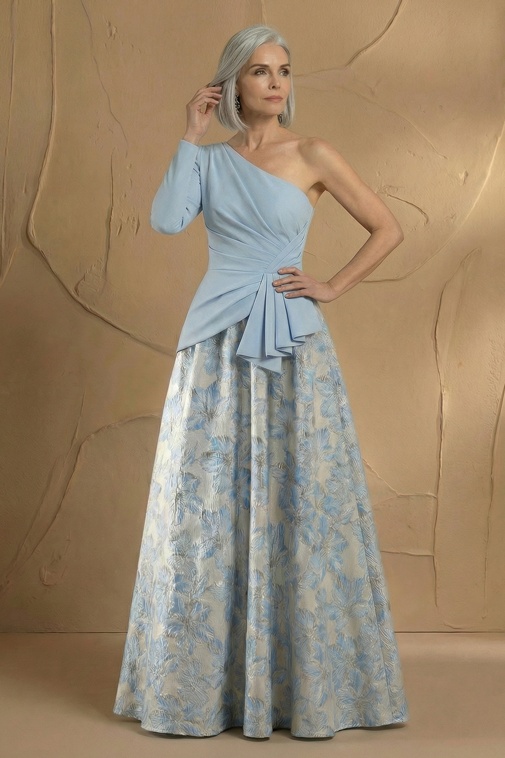 Light Blue Jacquard One Shoulder A Line Long Sleeve Mother of the Bride Dress