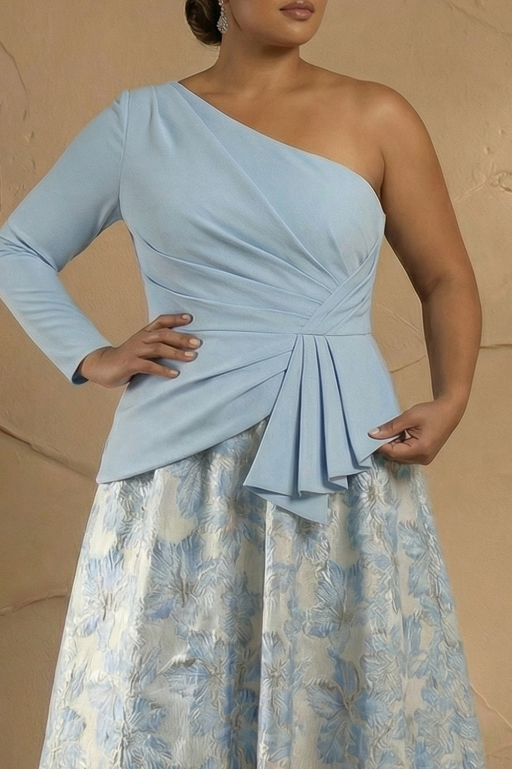 Light Blue Jacquard One Shoulder A Line Long Sleeve Mother of the Bride Dress