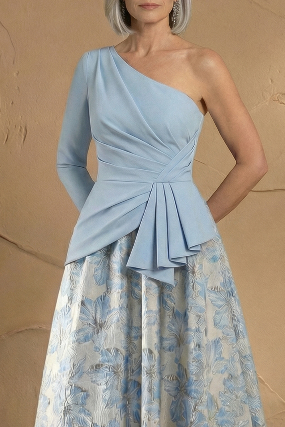 Light Blue Jacquard One Shoulder A Line Long Sleeve Mother of the Bride Dress
