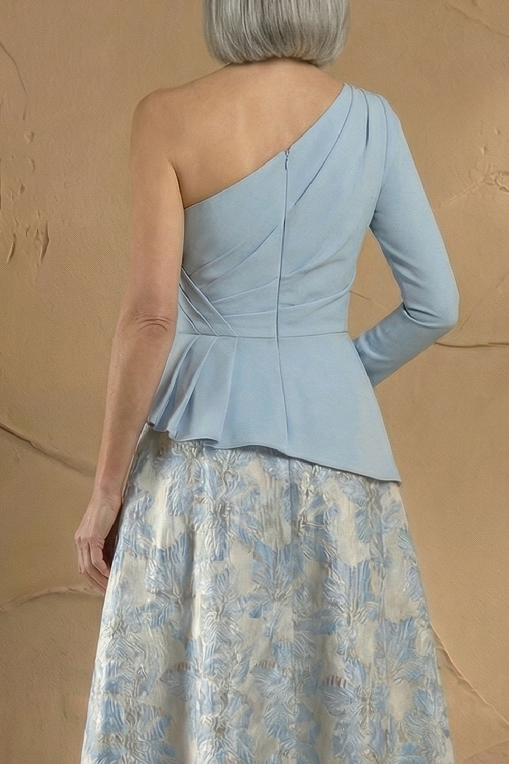 Light Blue Jacquard One Shoulder A Line Long Sleeve Mother of the Bride Dress