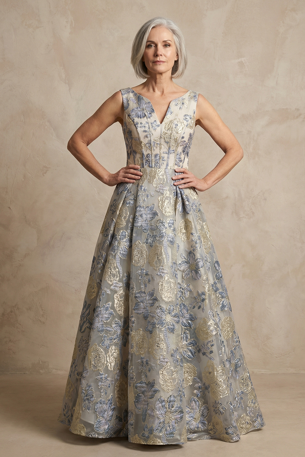 Homrain Women Dusty Blue Corset Floral Long Mother of the Bride Dress Jacquard A Line V-Neck Mother of the Groom Dress