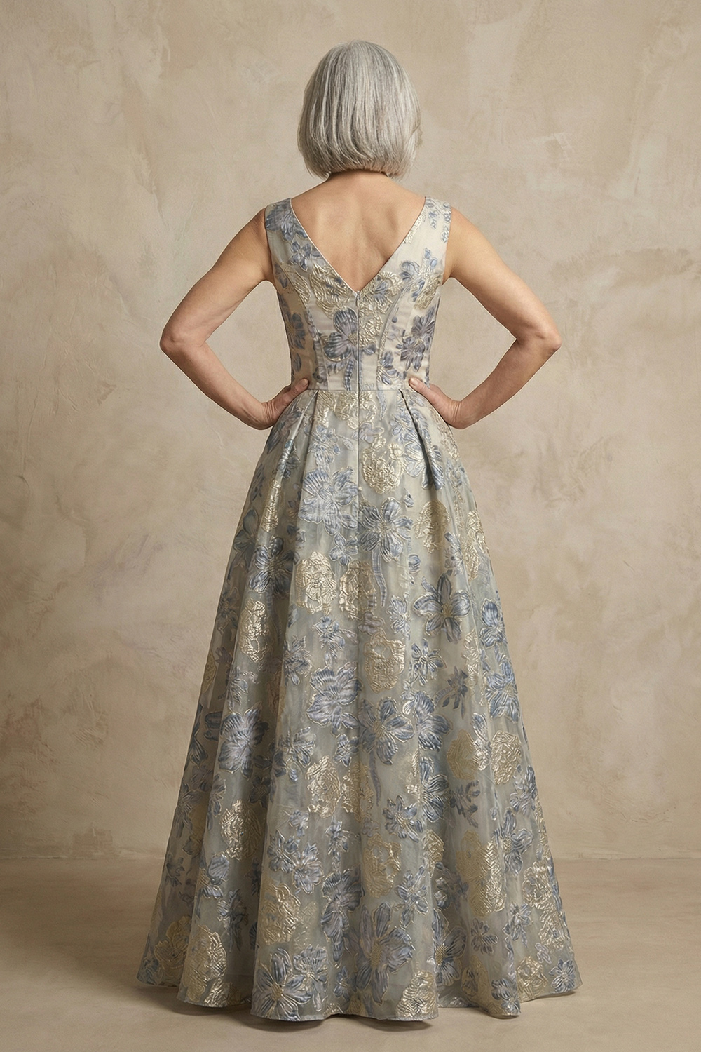 Dusty Blue Jacquard Corset V-Neck A Line Long Mother of the Bride Dress
