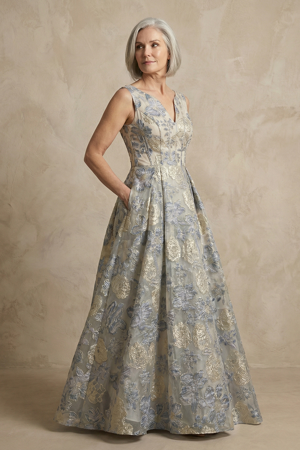 Dusty Blue Jacquard Corset V-Neck A Line Long Mother of the Bride Dress